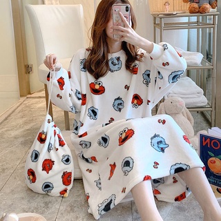 เสื้อคลุมนอนกำมะหยี่ฝรั่งเศสยาวฤดูใบไม้ร่วงและฤดูหนาวการ์ตูนข้นคอกลมคอรอบชุดนอน