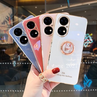 New Casing เคส Huawei P50 Pro P40 Pro + Plus Phone Case Electroplating Straight Edge Mobile Protective Case with Cute Lucky Cat Stand Soft Case เคสโทรศัพท
