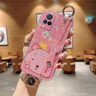 จัดส่งฟรีเคสโทรศัพท์ VIVO V21 5G Casing Cute Cartoon Bear With Wristband Holder Silicone Softcase Colorful Cherry Blossoms Back Cover เคส วีโว่V21