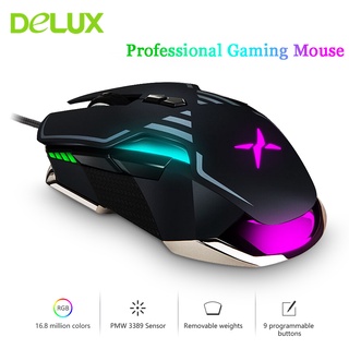 เมาส์เกมมิ่งมีสาย Delux M628 PMW3389 เซนเซอร์ 16000 DPI 9 ปุ่ม 50G ACC RGB พร้อมน้ําหนัก สําหรับเกมเมอร์