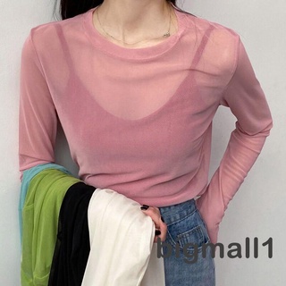 BIGMALL Women Long Sleeve Mesh Tops with Solid Color, Bottoming Casual Style Summer Clothing