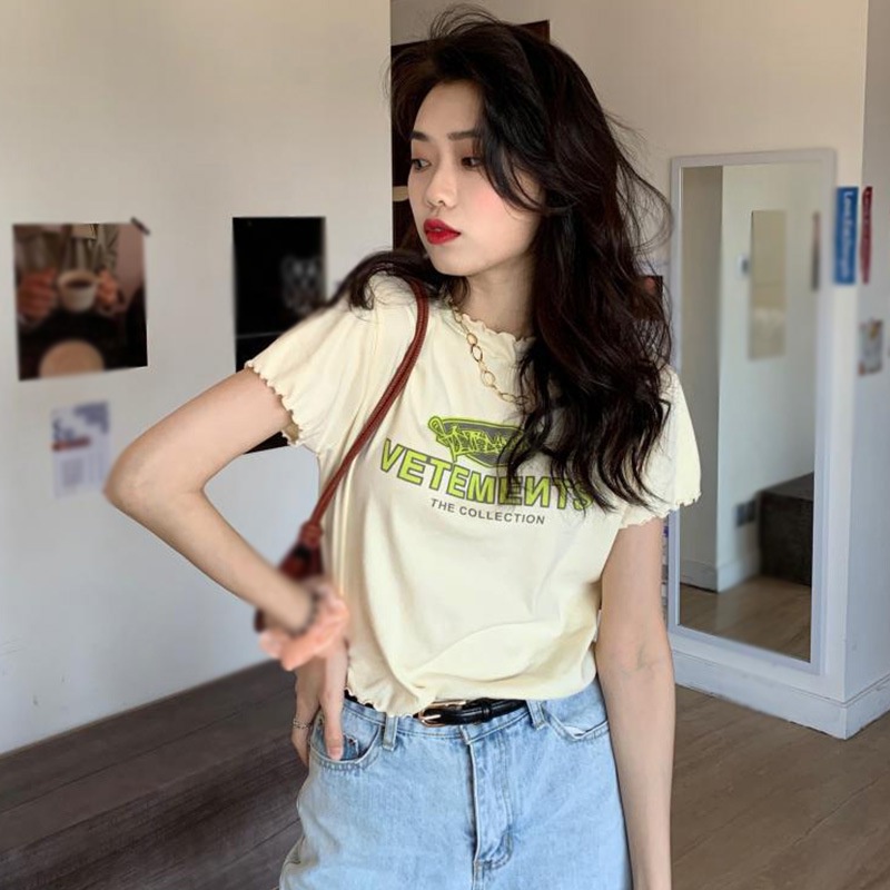 เสื้อยืดคอกลม-แขนสั้น-ลายตัวอักษร-สไตล์เกาหลี-สําหรับผู้หญิง