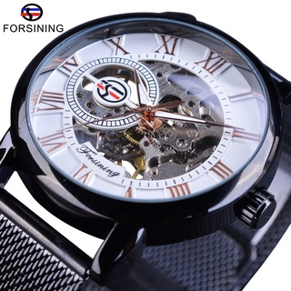 Forsining Mens Watch Openwork Mechanical Wristwatches Black Stainless Steel Band Transparent Case Fashion Luminous Hand