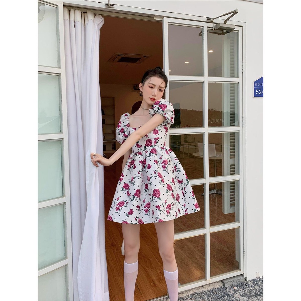 hot-sale-campanulaceae-first-love-tea-break-french-niche-พัฟ-sleeve-french-retro-rose-gentle-sweet-floral-dress-women