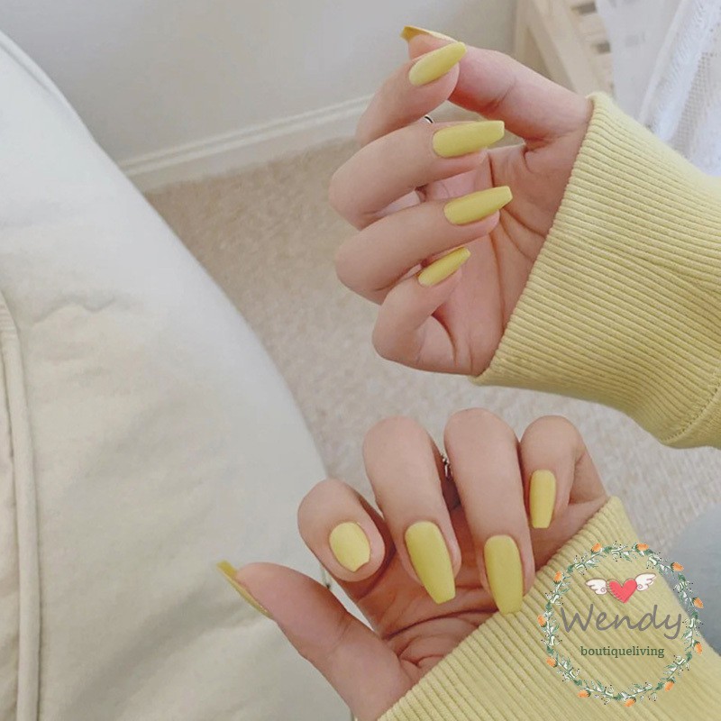 high-quality-full-cover-press-on-nails-matte-yellow-pure-acrylic-frosted-ballerina-fake-nails-for-women-and-girls