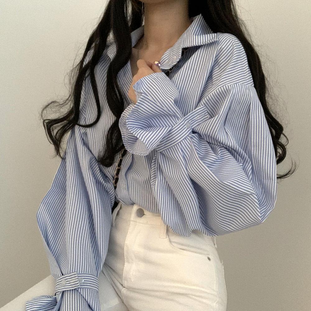 s-2xl-เสื้อลายฝรั่งเศสเวอร์ชั่นเกาหลีย้อนยุคเรียบง่ายหลวมสบายๆสีทึบแขนยาวเสื้อโปโลสีน้ำเงินแถวเดียวหลายปุ่มด้านบน