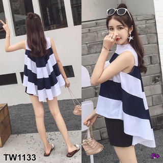 TW1133 Set 2 ชิ้น เสื้อแขนกุดลายทาง หน้าสั้น-หลังยาว หางปลา มีซิปหลัง ผ้าไหมอิตาลี + กางเกงขาสั้นสีดำ เนื้อผ้ามอสเครป