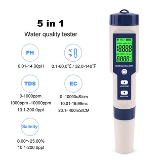 5 in 1 TDS/PH/EC/TEMP/Salinity Meter เครื่องวัด PH/TDS/EC /อุณหภูมิ /ความเค็ม PH Meters เครื่องวัดคุณภาพน้ำ