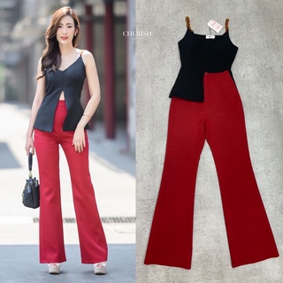 ✨รอบ 5✨ Set สีดำ-แดง เสื้อสายเดี่ยว ผ่าหน้า + กางเกงขาม้า 💗  Cherish