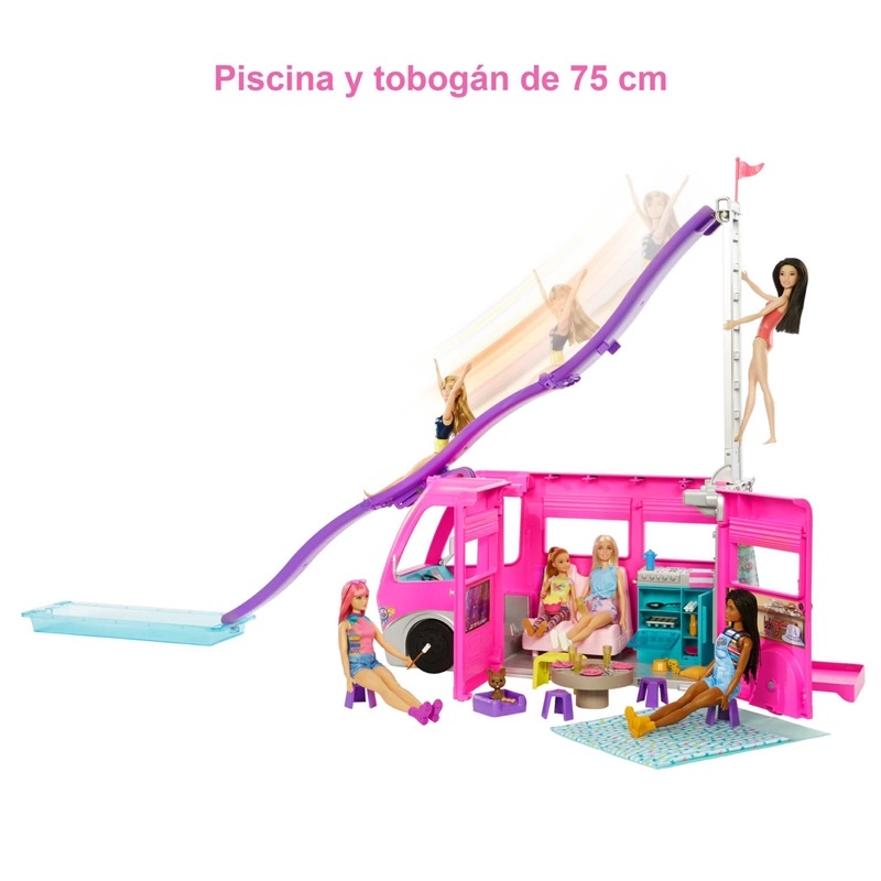 barbie-dreamcamper-vehicle-playset-2-5-feet-tall-with-rolling-wheels-7-play-areas-pool-slide-amp-60-camping-accessories