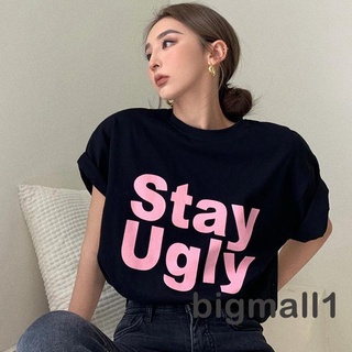 BIGMALL Women Short Sleeve T-shirts Letter Print Summer Loose Casual Pullover Blouse Streetwear