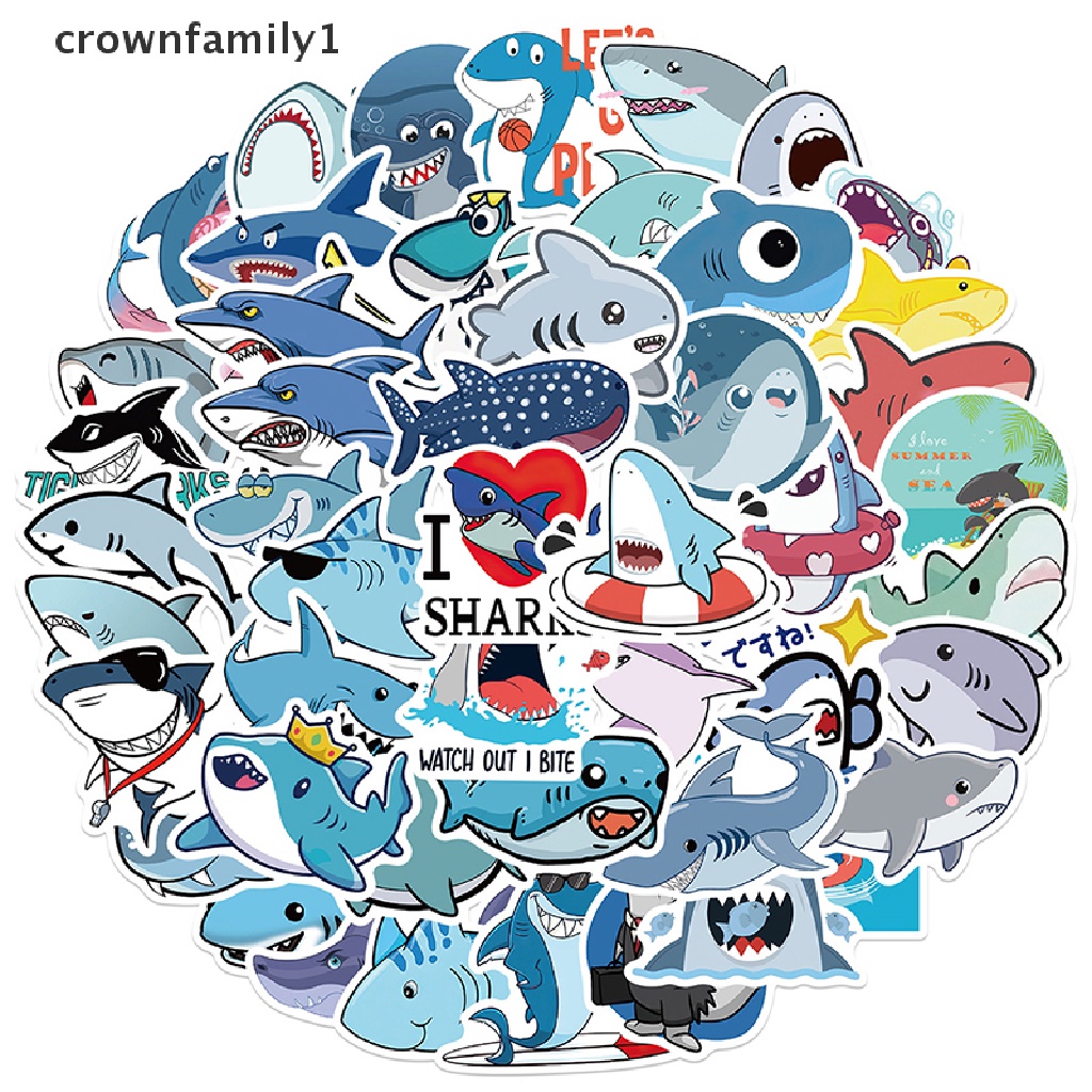 crownfamily1-สติกเกอร์-ลายกราฟฟิตี้ฉลามน่ารัก-สําหรับติดตกแต่งกีตาร์-กระเป๋าเดินทาง-สเก็ตบอร์ด-สมุดภาพ-50-ชิ้น