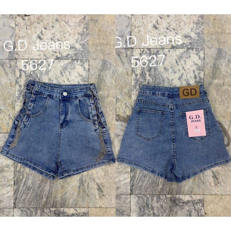 5627-g-d-jeans-ยีนส์ขาสั้นผ้ายืด-เอวสูง-สียีนส์ฟ้า-ต่อตาไก่ข้างแบบเก๋ๆ