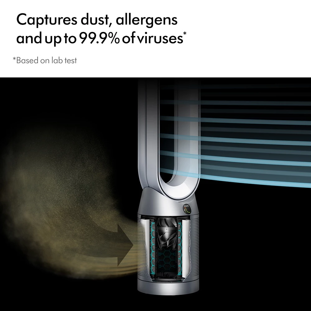 Dyson รุ่น TP07 เครื่องฟอกอากาศและพัดลมไร้ใบพัด (สีขาว/เงิน) ระบบกรอง HEPA H13 ปิดผนึก ดักจับฝุ่น PM2.5 และสารก่อภูมิแพ้ ควบคุมผ่านแอปพลิเคชัน