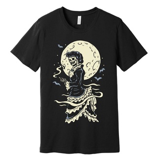 เสื้อยืดผ้าฝ้ายพิมพ์ลายคลาสสิก เสื้อยืด พิมพ์ลาย Victorian Moon Skeleton Psychobilly Rockabilly สไตล์คลาสสิก ไม่ซ้ําใคร