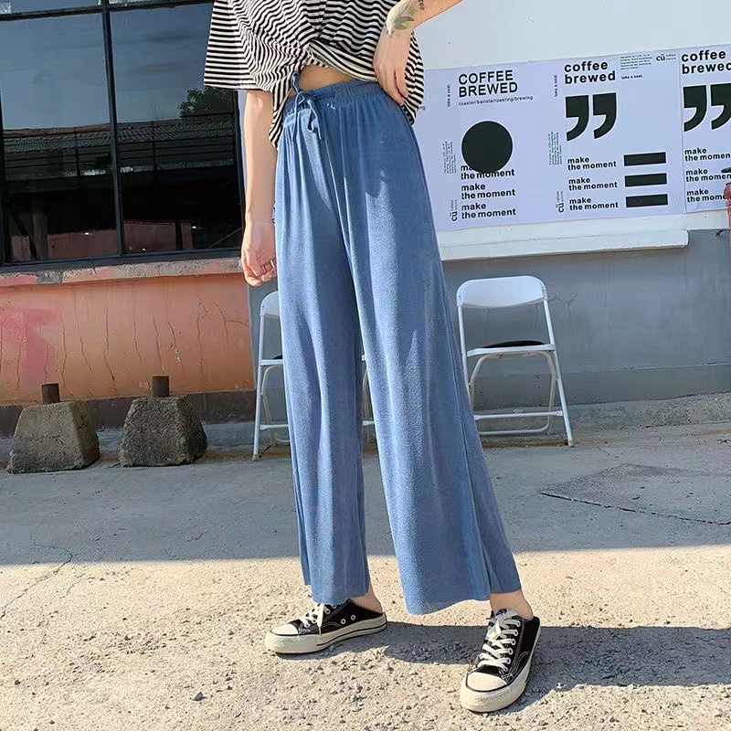 กางเกงขายาวผู้หญิง-แฟชั่น-ทรงหลวมเอวสูง-ขากว้าง-สวยๆสไตล์เกาหลี-กางเกงทรงหลวมเอวสูงสีทึบ