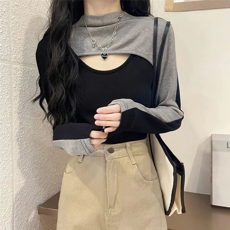 เสื้อยืดคอเต่า-เข้ารูป-สีคอนทราสต์-สไตล์เรโทร-สําหรับผู้หญิง
