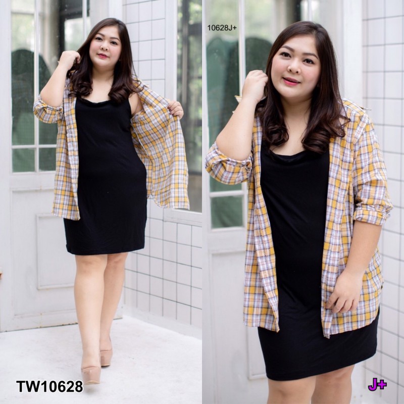 set-bigsize-เสื้อเชิ้ตลายสก็อต-เดรสสายเดี่ยว-tw10628