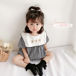 เสื้อผ้าเด็กชุดจั๊มสูทรอมเปอร์คอปกปักลายหมีน่ารักสําหรับเด็ก