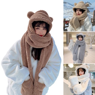 3 In 1 หมวก ผ้าพันคอ ถุงมือ ฤดูหนาว อบอุ่น น่ารัก หูหมี ตุ๊กตา หมวกฮู้ด ลําลอง ผู้หญิง หมวกหนา สบาย ๆ