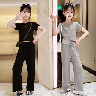 new hot กางเกงเสื้อผ้าสาวๆ ชุดเสื้อผ้าที่เย็นสบายและระบายอากาศได้ 2 กางเกงขากว้างแฟชั่นแขนสั้นสไตล์เกาหลี กางเกงดำ เทา