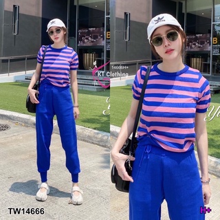 TW14666 Set 2 ชิ้น เสื้อคอกลม แขนสั้น ผ้าไหมพรมลายทาง ชายมีสายรูด กับกางเกงขายาว เอวยางยืดได้เยอะ ปลายขากางเกงจั๊ม