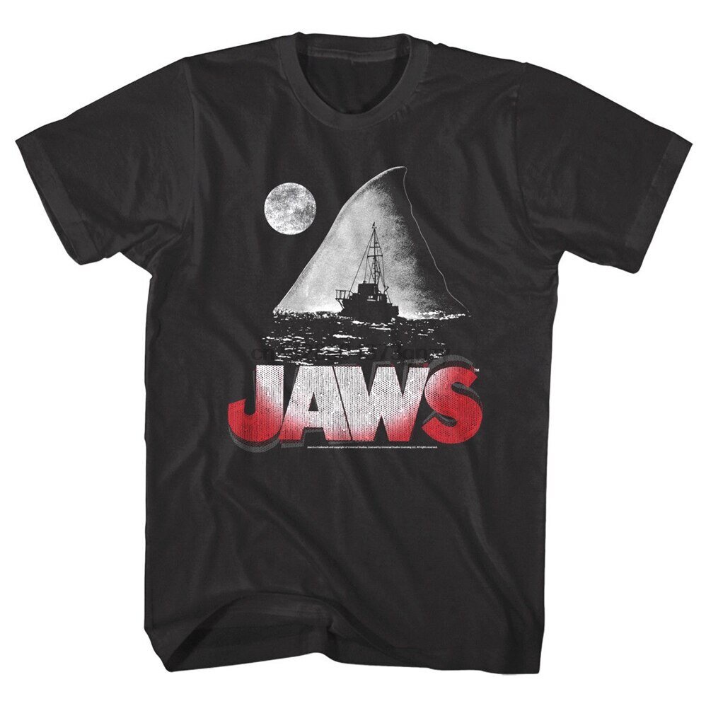 เสื้อยืดผ้าฝ้ายพิมพ์ลายขายดี-jaws-shark-fin-island-swim-night-mens-t-shirt-moon-light-attack-boat-top-new-unisex-funn