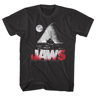 เสื้อยืดผ้าฝ้ายพิมพ์ลายขายดี ⊙▦▣Jaws Shark Fin Island Swim Night MenS T Shirt Moon Light Attack Boat Top New Unisex Funn