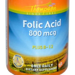 , Folic Acid, Plus B-12, 800 mcg, 30 Tablets หรือ60 เม็ด หรือ100เม็ด