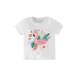พร้อมส่ง เสื้อยืดคอกลม แขนสั้น ผ้าฝ้าย ลายการ์ตูนนกฟลามิงโก้น่ารัก แฟชั่นฤดูร้อน สําหรับเด็กผู้หญิง
