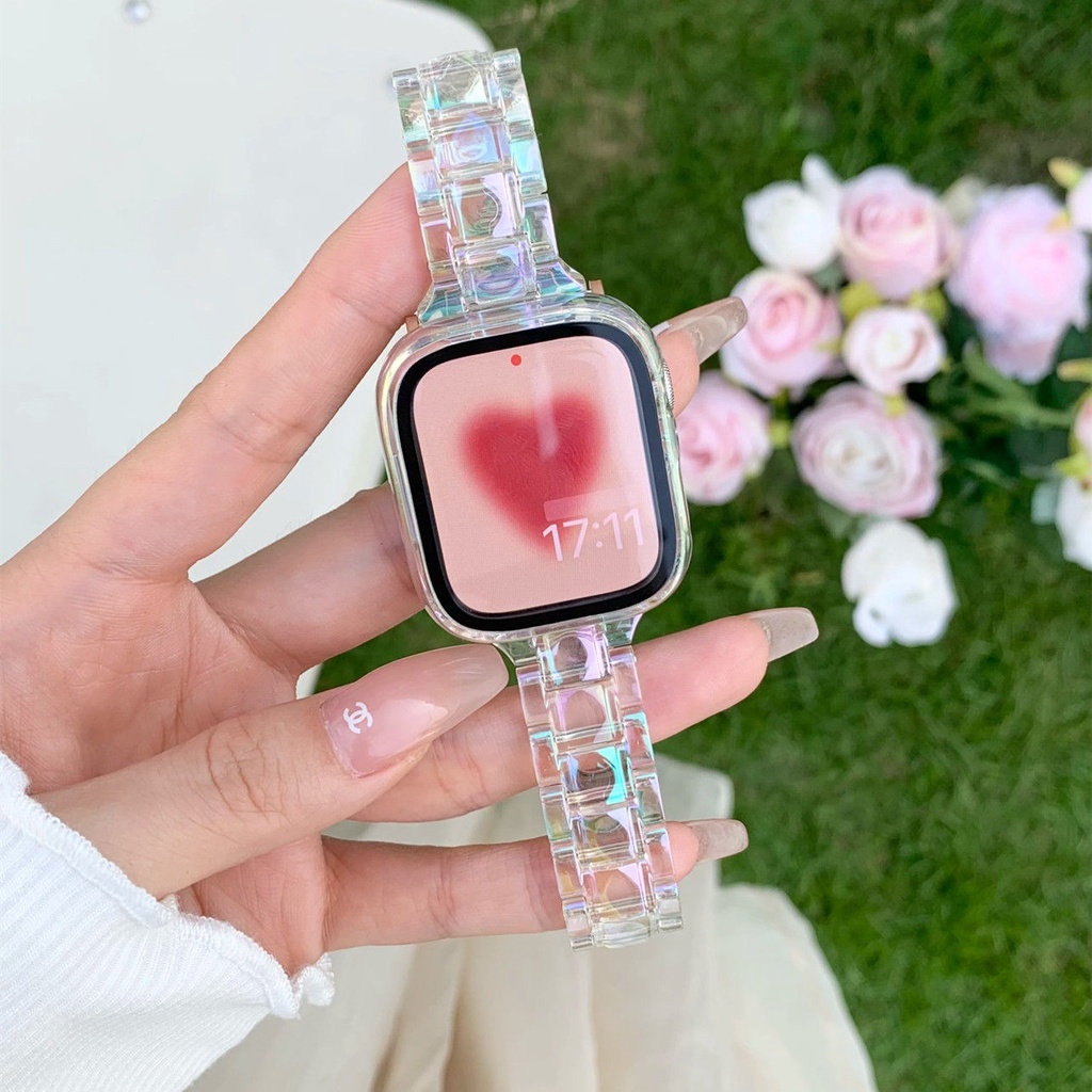hot-sale-ins-เหมาะสำหรับ-applewatch7-รุ่นเลเซอร์สายโปร่งใส-apple-watch-654321-เรซิ่นสายรุ้ง-se-ฤดูร้อน