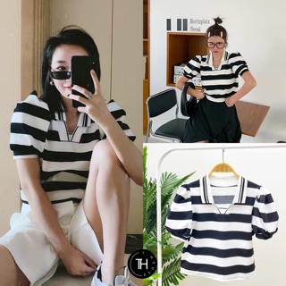 21.05.20🥃เสื้อครอปทรงโปโล ลายริ้ว ใส่ออกมาน่ารักมากๆ ผ้าดีไม่หนา แนะนำเลย น่ารัก