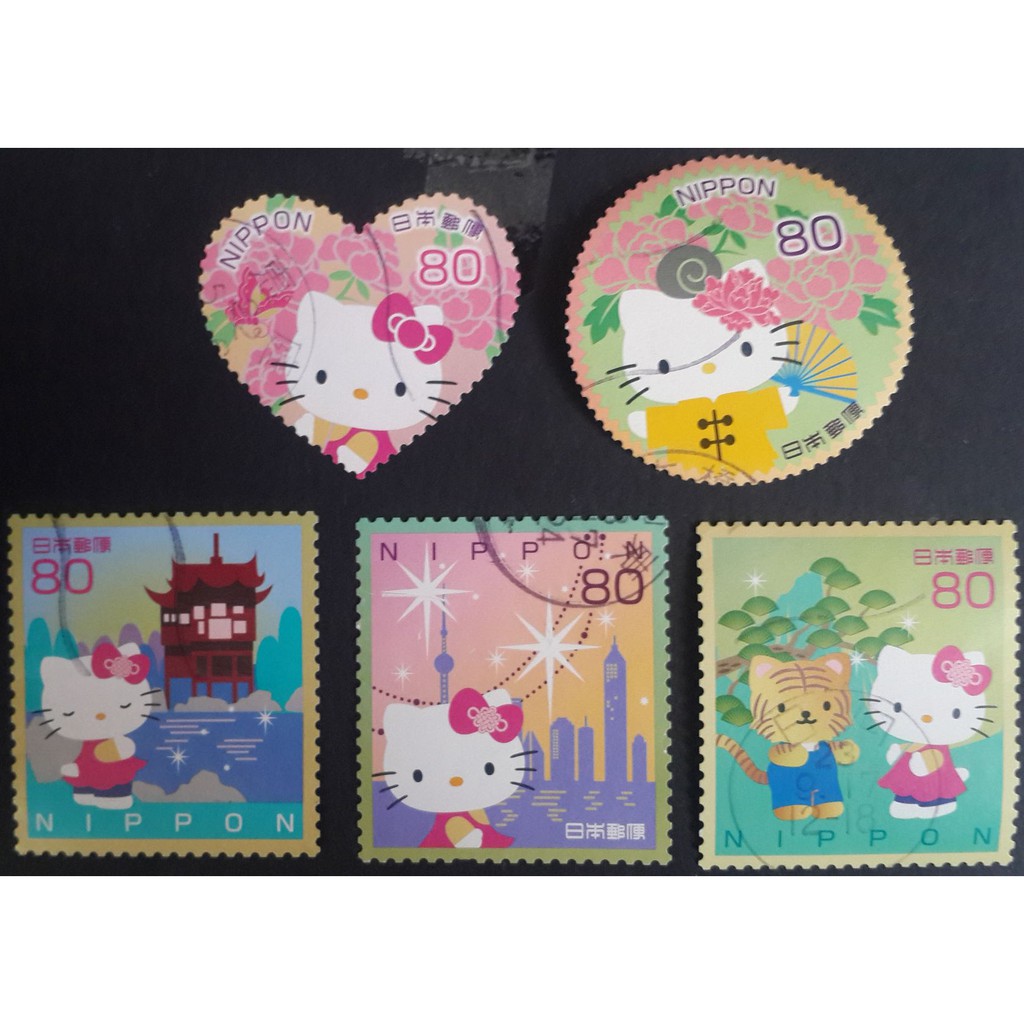 j315-2-แสตมป์ญี่ปุ่นใช้แล้ว-ชุด-greetings-hello-kitty-self-adhesive-stamps-ปี-2010-ใช้แล้ว-สภาพดี-ครบชุด-5-ดวง