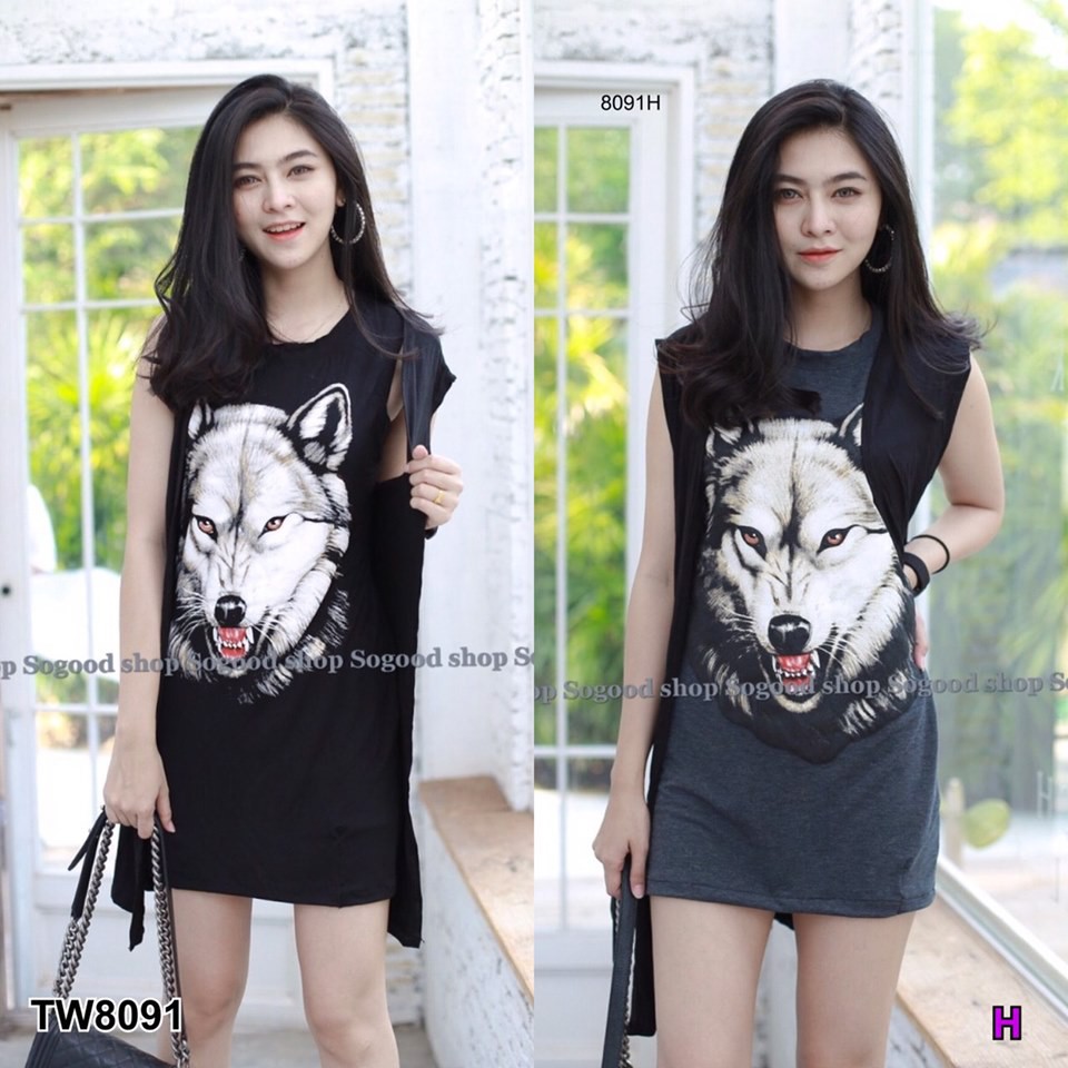 เดรสลายหมาป่า-เสื้อคลุมแขนกุดเข้าเซท-tw8091