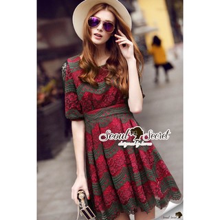 Emerald Green Coral Red Layer Lace Dress