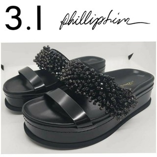 ของแท้..Luxury brand 3•1 Phillip Lim รุ่น FREIDA PLATFORM SLIDE WITH BEADED PANELรองเท้าหนังแท้ ประดับคริสตัลหรูหรามากๆๆ