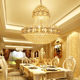 หรูหราคริสตัลโคมระย้าสไตล์ยุโรปแฟชั่นห้องนอนร้านอาหารบันไดทางเดินLEDโคมไฟระย้าสีเหลืองทอง A5cP