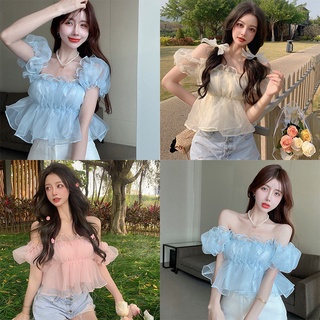 เสื้อแขนสั้น ผ้าตาข่าย ปาดไหล่ แต่งลูกไม้ เข้ากับทุกการแต่งกาย สไตล์เกาหลี สำหรับสตรี