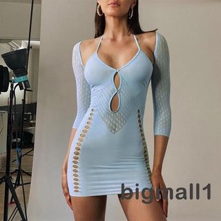 BIGMALL-Women’s Casual 3/4 Sleeve Skinny Dress Fashion Solid Color Perspective Hollow Short Dress