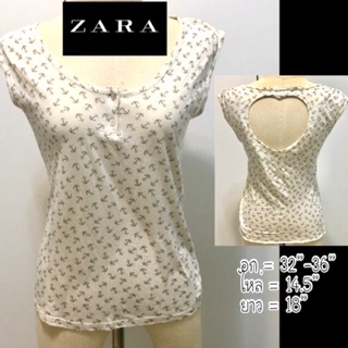 Zara แท้ เสื้อยืดดีเทล เว้ารูปหัวใจข้างหลัง สีนู้ดบรัช พิมพ์ลายสมอเรือ มือ2สภาพนางฟ้า ผ้านุ่มมาก