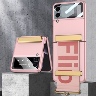 เคสโทรศัพท์มือถือ ฟิล์มกระจกนิรภัย กันกระแทก ลายตัวอักษร พร้อมแหวนขาตั้ง สําหรับ Samsung Galaxy Z Flip 3 5G Z Flip3 Zflip3 Z Flip3