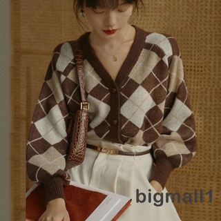 Bigmall- เสื้อคาร์ดิแกนแขนยาวคอวีลายสก็อตแฟชั่นสตรี