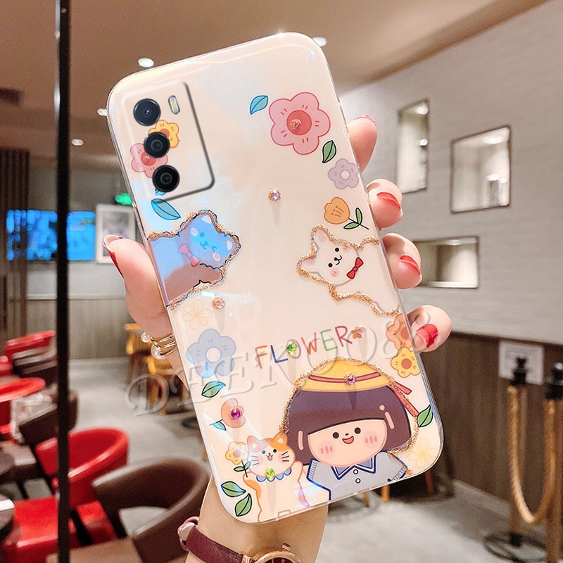 เคสโทรศัพท์-oppo-a16-casing-fashion-luxury-rhinestone-bling-glitter-lovely-cartoon-flower-sun-girl-yellow-back-cover-เคส-oppoa16-softcase