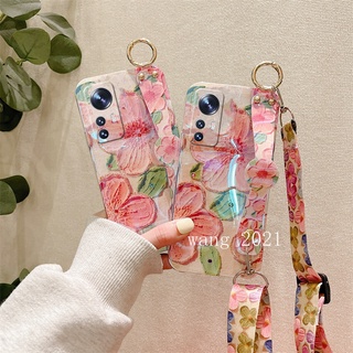 Phone Case Xiaomi 12 Pro Mi 11 Lite 5G NE 11T Pro Redmi 10C Note 11 / Note 11S / Note 11 Pro 5G 4G เคส Casing Shiny Luxurious Rhinestone Flowers with Wristband Long Lanyard Soft Case เคสโทรศัพท์