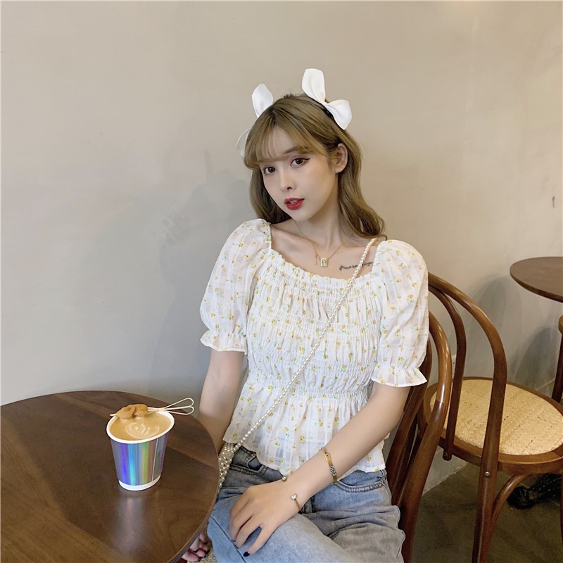 spring-and-summer-new-sweet-small-fresh-waist-slimming-square-neck-puff-sleeve-floral-pleated-short-sleeved-shirt-women