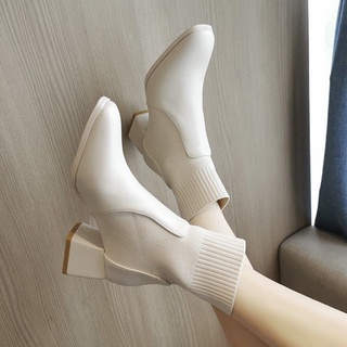 🎉💛รองเท้าบูทแฟชั่นสตรี รองเท้าบูทส้นสูง ทรงสวยเรียบหรู สไตล์เกาหลีแฟชั่นสำหรับผู้หญิง เพิ่ม6cm ขายาวหุ่นดี
