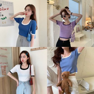 ใหม่สีฤดูร้อนตีสลิมน้ำแข็งผ้าไหมเสื้อยืดแขนสั้นส่วนบางแน่นกระชับย่อหน้าสั้น ๆ BM สีม่วง