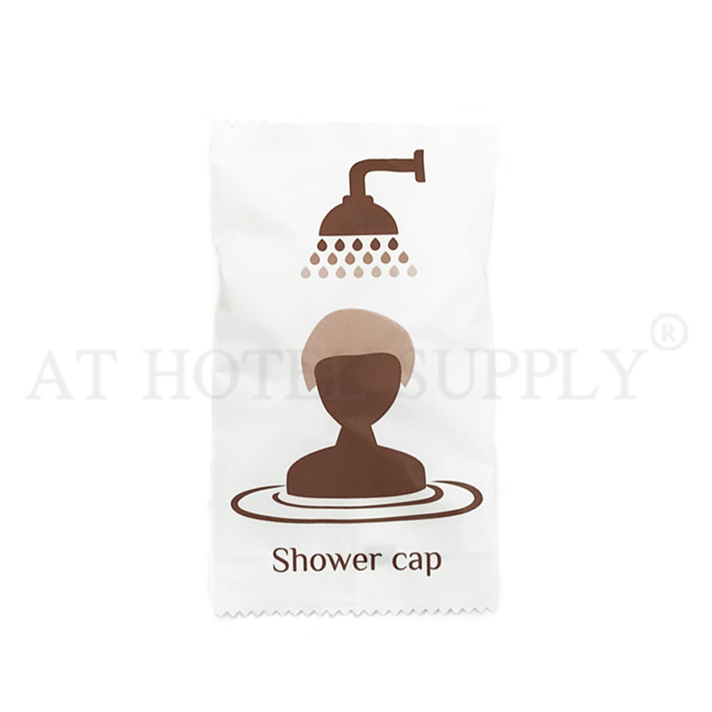 หมวกอาบน้ำ-แบบบรรจุซองพลาสติกสีขาวสกรีนสีน้ำตาล-ใบละ-2-90-บาท-100-ใบ-สำหรับห้องน้ำในโรงแรม-รีสอร์ท-และอพาร์ทเม้น