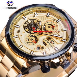 Forsining Golden Automatic Mechanical Mens Watch Racing Sports Design 3 Dials Multifunction Date Stainless Steel Band Wr