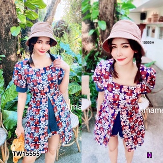 TW15555 Set 2 ชิ้น เสื้อหมีแขนตุ๊กตา ผ่าหน้า ผ้า100D มีสายผุกเอว มาพร้อมกางเกงขาสั้น เอวสม็อคหลัง ผ้าทอ เข้าเซต